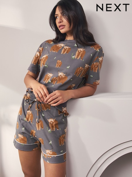Charcoal Grey Hamish the Highland Cow 100% Cotton Short Sleeve Pyjamas (AT1145) | R$ 175