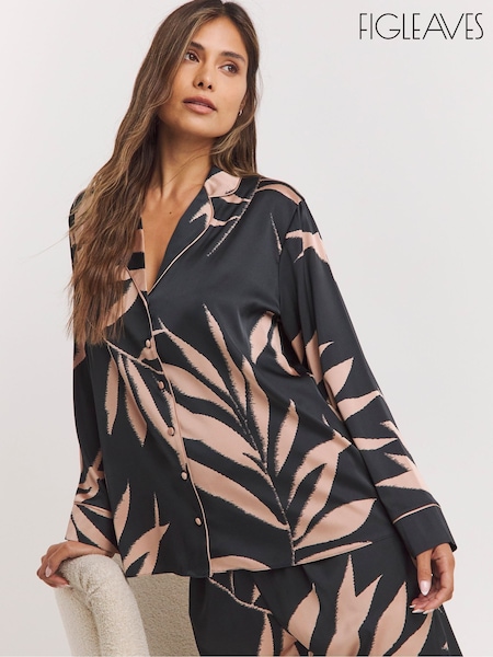 Figleaves Stretch Satin Buttom Through Black Pyjamas Set (AT1231) | €61
