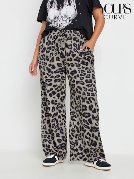 Yours Curve Grey Leopard Print Pull On Trousers (AT1311) | ₪156