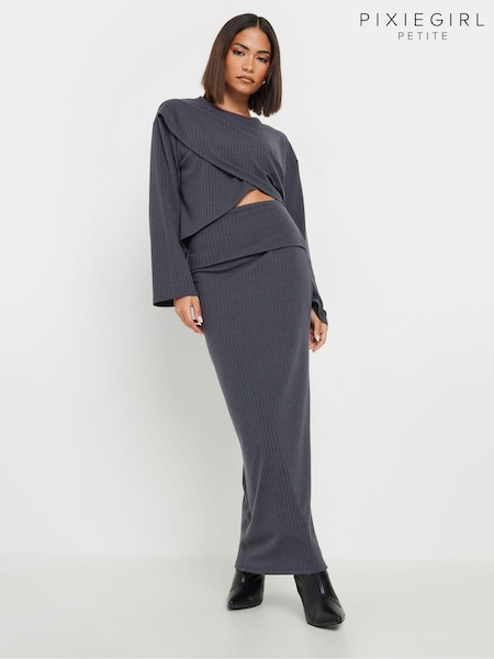 PixieGirl Petite Grey Ribbed Fold Over Skirt (AT1324) | ₪136