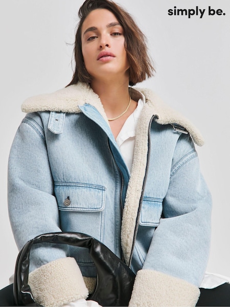 Simply Be Light Wash Denim Aviator Jacket (AT1330) | 391 LEI