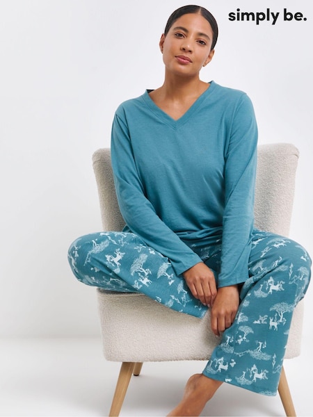כחול  - Simply Be Pretty Secrets Value Long Sleeve Pyjamas Set (AT1333) | ‏101‏₪