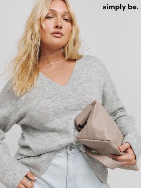 Gri - Simply Be Slouchy V-Neck Longline Jumper (AT1340) | 156 LEI