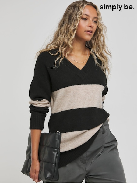 Negru - Simply Be Slouchy V-Neck Longline Jumper (AT1353) | 156 LEI