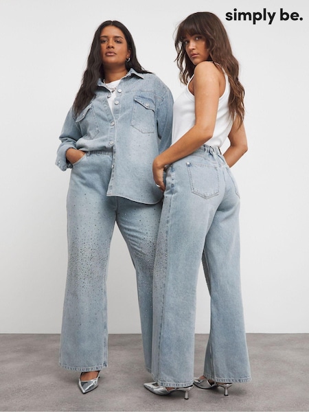Simply Be Light Wash Blue 100% Cotton Embellished Wide Leg Jeans (AT1358) | €70