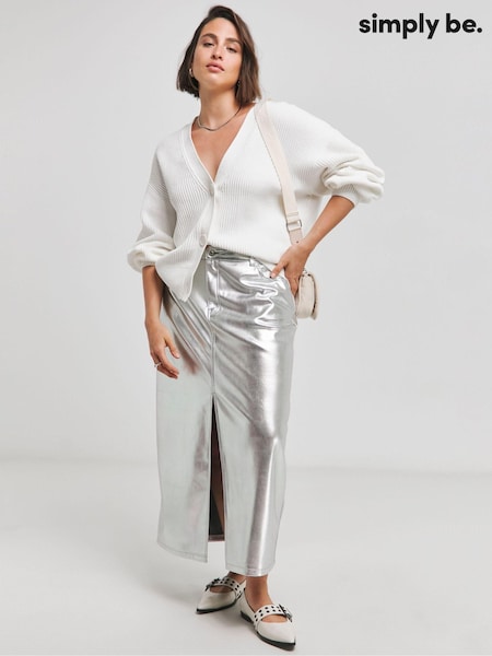 Simply Be Silver PU Maxi With Front Split Skirt (AT1359) | AED131