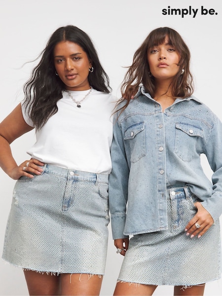 Simply Be Blue Light Wash Embellished Denim Mini Skirt (AT1361) | €24