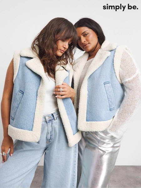 Simply Be Light Wash Borg Lined Denim Gilet (AT1363) | €39