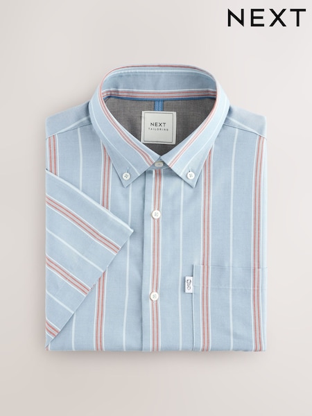 Petrol Blue/Red Short Sleeve With Button Down Collar Stripe Easy Iron Oxford Shirt (AT1402) | €26
