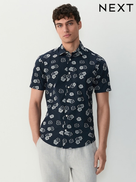 Navy синій квітковий Embroided - Друк сорочки з коротким рукавом (AT1442) | 1 300 грн