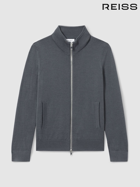 Reiss Blackened Blue Hampshire 13-14 yrs Merino Wool Zip-Through Funnel-Neck Cardigan (AT1472) | AED317