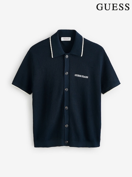 Guess Jeans Navy Embroidered Logo Short Sleeve Knit 100% Cotton Polo Shirt (AT1554) | €91