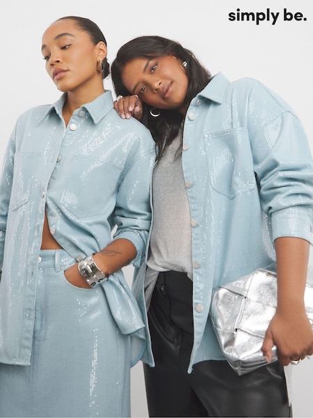 Simply Be Blue Oversized Light Wash Clear Sequin Shirt (AT1657) | €30
