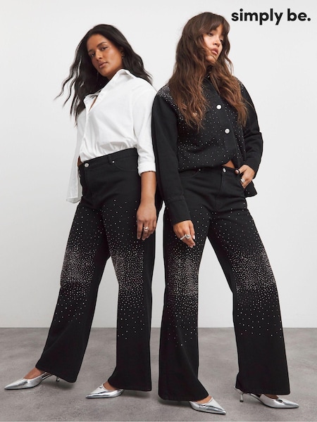 Simply Be Black 100% Cotton Embellished Wide Leg Jeans (AT1664) | €70