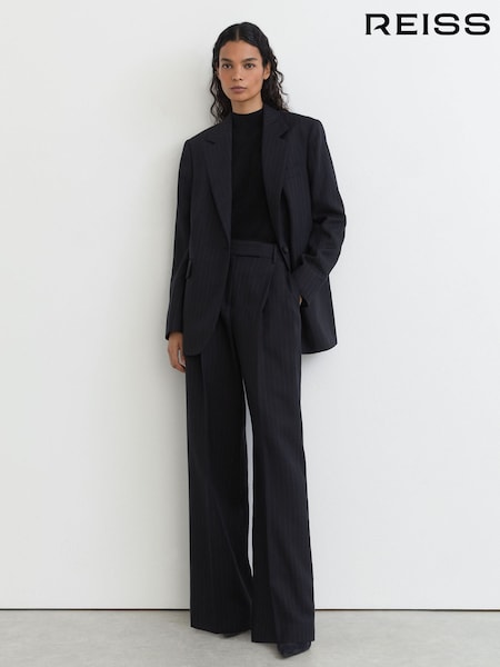 Navy - Reiss Beck Wool Pinstripe Wide-leg Suit Trousers