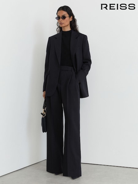 Navy - Reiss Beck Wool Pinstripe Wide-leg Suit Trousers