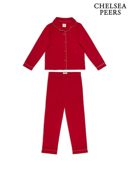 Chelsea Peers Kids Organic Cotton Christmas Candy Cane Stripe Trim Long Pyjama Set (AT1887) | 161 LEI