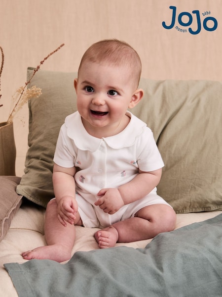 JoJo Maman Bébé White Cotton Short Sleeve Embroidered Romper (AT1957) | €32