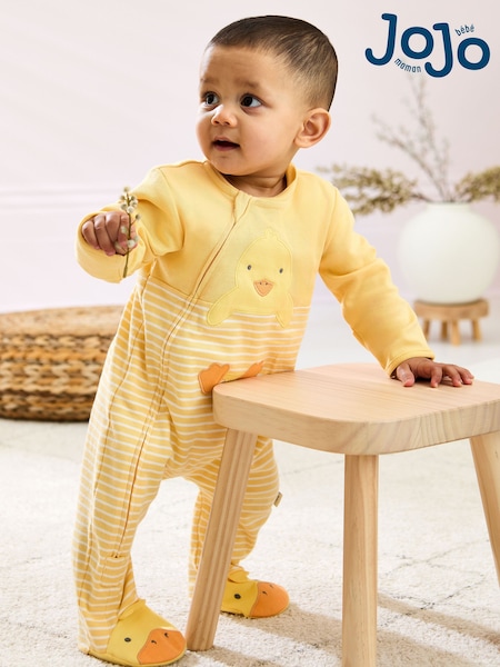 JoJo Maman Bébé Yellow Cotton Footed Appliqué Zip 100% Cotton Sleepsuit (AT2044) | €34