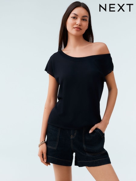 أزرق أزرق داكن - Asymmetric Draped Off The Shoulder Top (AT2136) | ‏126 د.إ.‏