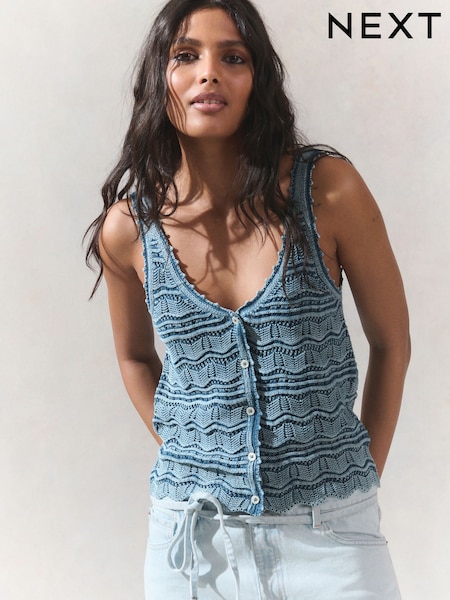 Blue Chambray 100% Cotton Wave Stitch Button Crochet Tank Vest (AT2144) | $37