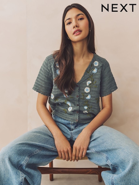 Green Khaki 100% Cotton Crochet Embroidered Floral Button Up Shirt (AT2145) | LEI 255