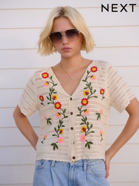 White Ecru 100% Cotton Crochet Embroidered Floral Button Up Shirt (AT2148) | LEI 255