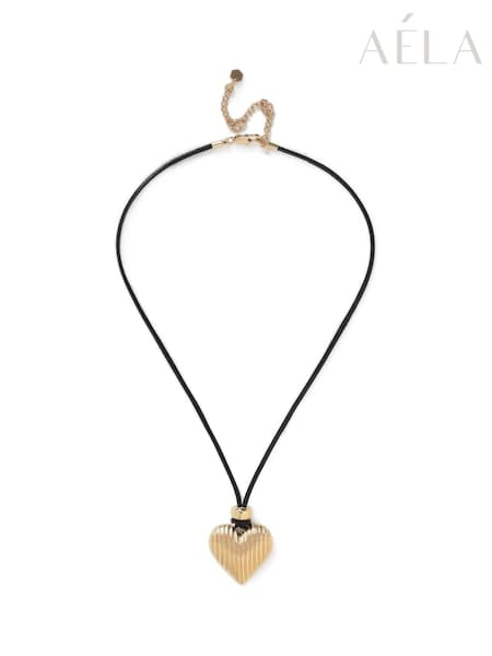 Aela Ridged Heart Pendant Cord Long Black Necklace (AT2232) | ‏43 د.إ.‏