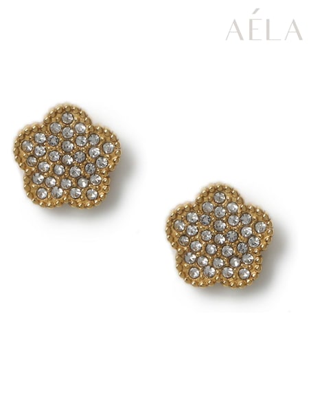Aela Gold Tone Stainless Steel Pave Flower Stud Earrings (AT2242) | €22
