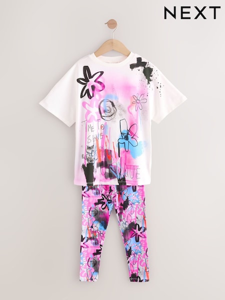 Black/Pink Graffiti T-Shirt And Sport Leggings Set (3-16yrs) (AT2474) | €22 - €30