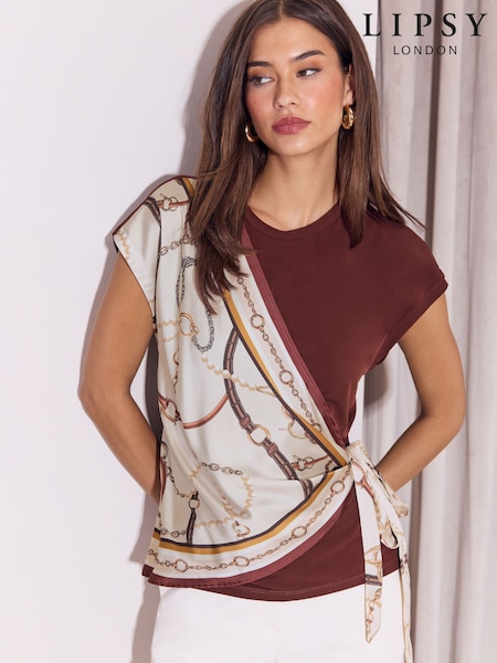 Brown Chain Print - Lipsy Tie Side Scarf T-shirt