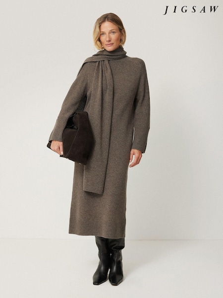 Jigsaw Brown Soft Wool Scarf Jumper Dress (AT2540) | €152