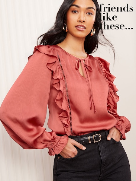 Friends Like These Pink Long Sleeve Ruffle Trim Tie Front Blouse (AT2573) | 173 QAR