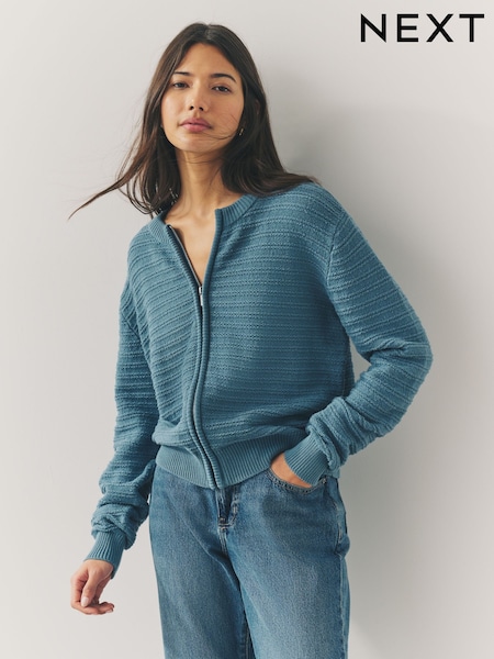 Chambray צבע כחול - Knitted Zip-Up Bomber Jacket with Cotton (AT2719) | ‏140‏₪