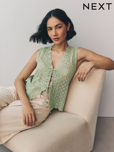 Green Sage Lace Knit Tie Front Vest with Linen (AT2726) | €45