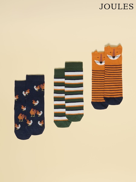 Joules Neat Feet Orange/Navy 3 Pack Socks (AT2731) | 59 QAR