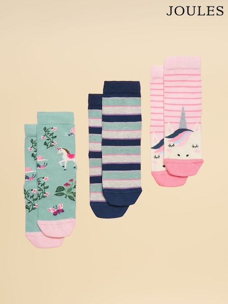 Joules Neat Feet Pink/Green 3 Pack Socks (AT2743) | 59 QAR