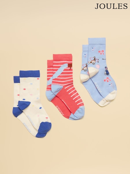 Joules Neat Feet Blue/Pink 3 Pack Socks (AT2745) | AED70