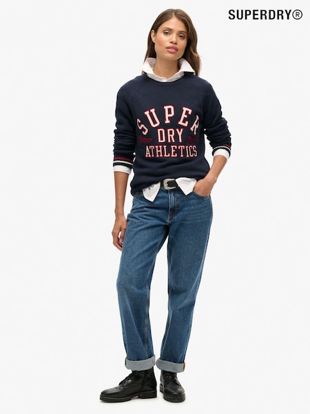 Superdry Blue Slouchy 100% Cotton Knitted Graphic Crew Jumper (AT2784) | AZN 138