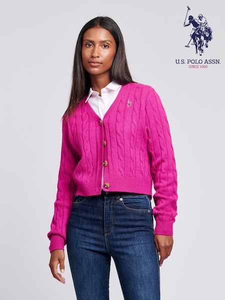U.S. Polo Assn Pink Womens Cable Knit Cardigan (AT2796) | ₪327