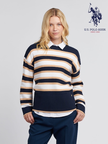 U.S. Polo Assn Blue Womens Cable Textured Stripe Jumper (AT2801) | €89