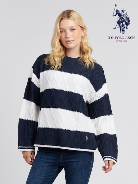 U.S. Polo Assn. Womens Green Mixed Cable Stripe Jumper (AT2815) | 391 LEI