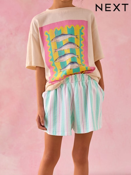 Aqua Blue Stripe 100% Cotton Pull On Textured Shorts (3-16yrs) (AT2957) | €10 - €17