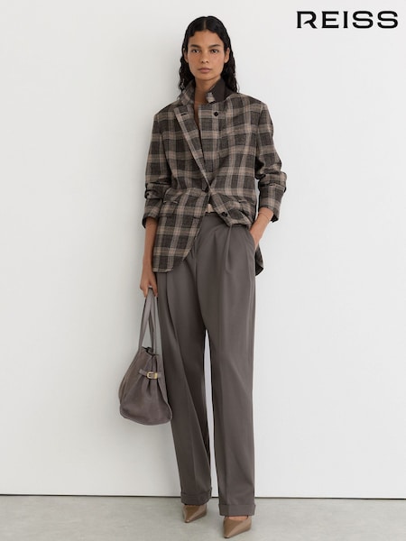 Brūna krāsa - Reiss Sandor Check Wool Check Relaxed Single-breasted Blazer