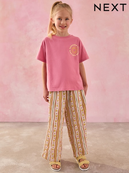Yellow/Floral Stripe Print Wide Leg Trousers (3-16yrs) (AT2965) | AED41 - AED66