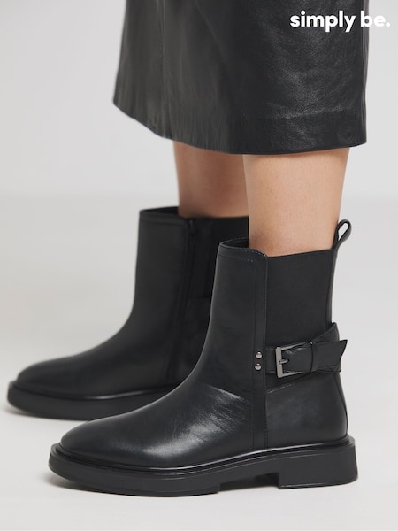 Simply Be Black Extra Wide Fit Chelsea Leather Ankle Boots In Wide Fit (AT2969) | AED189