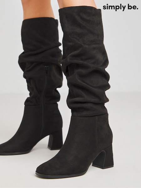 Simply Be Black Wide Fit Ruched Knee High Heeled Boots With Super Curvy Calf (AT2976) | AED189