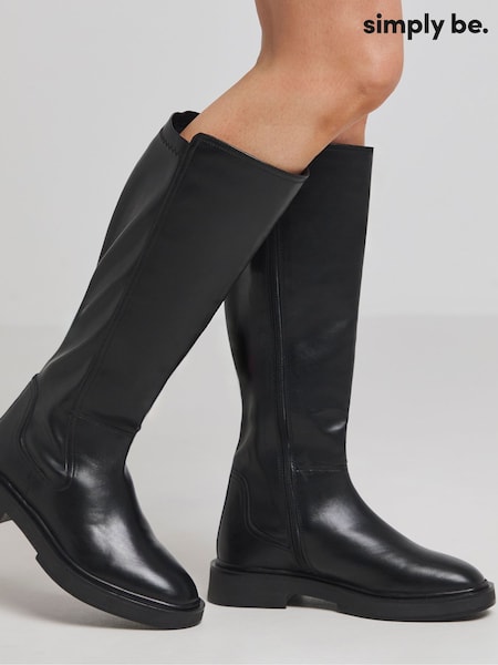 Simply Be Black Extra Wide Fit Black Wide Fit Stretch Back Panel Knee High Boots in Super Curvy Calf' (AT2980) | AED160
