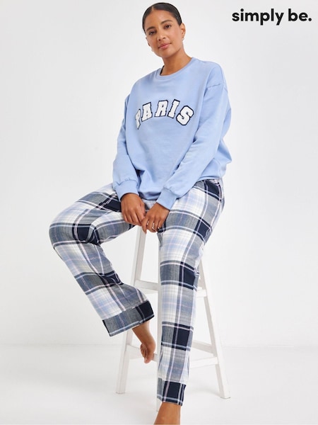 כחול  - Simply Be 100% Cotton Sweatshirt With Check Pyjamas Bottoms (AT2986) | ‏156‏₪