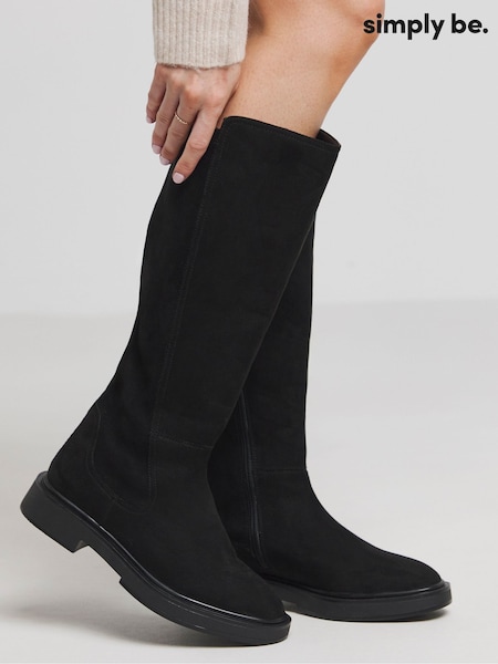 Simply Be Black Standard/Wide Fit Black Stretch Back Panel Flat Knee High Boots In Wide Fit' (AT2990) | AED160